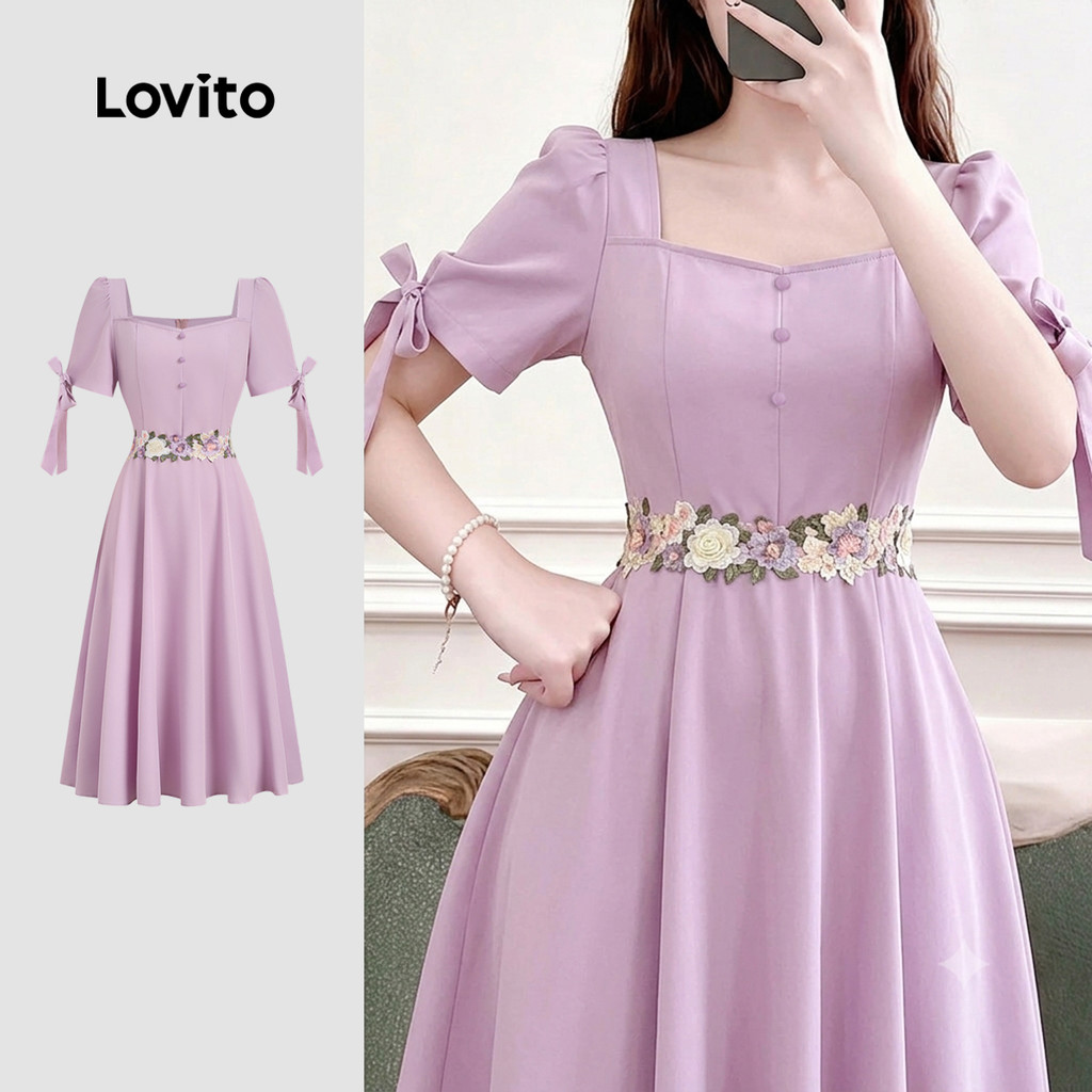 (New Arrival) Lovito Lilás Vestido Rosa Casual Plissado para Mulheres primavera/