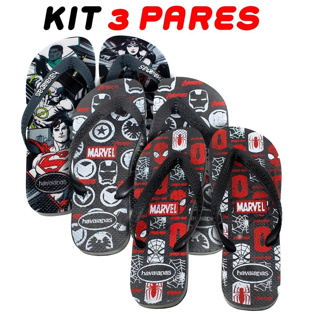 Kit 3 Chinelos Masculino Heróis Estampado Confortável Estiloso Antiderrapante - Envio Imediato