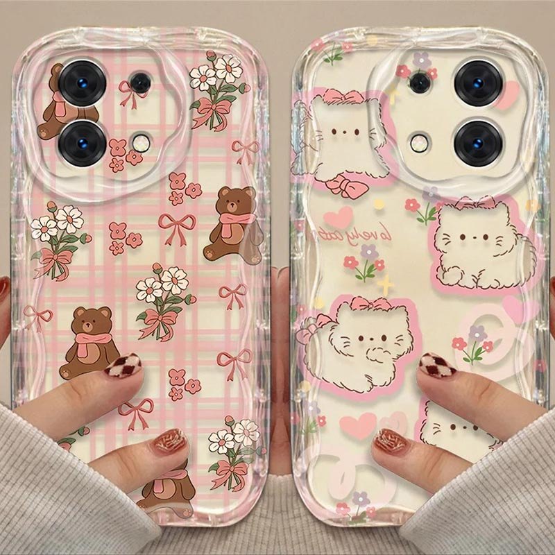 Adorável Rosa Arco Urso Gato Ondas Capa Para Samsung Galaxy A17 A07 A55 A35 A27 A56 A36 A26 A16 A06 A15 A54 5G Caso De C