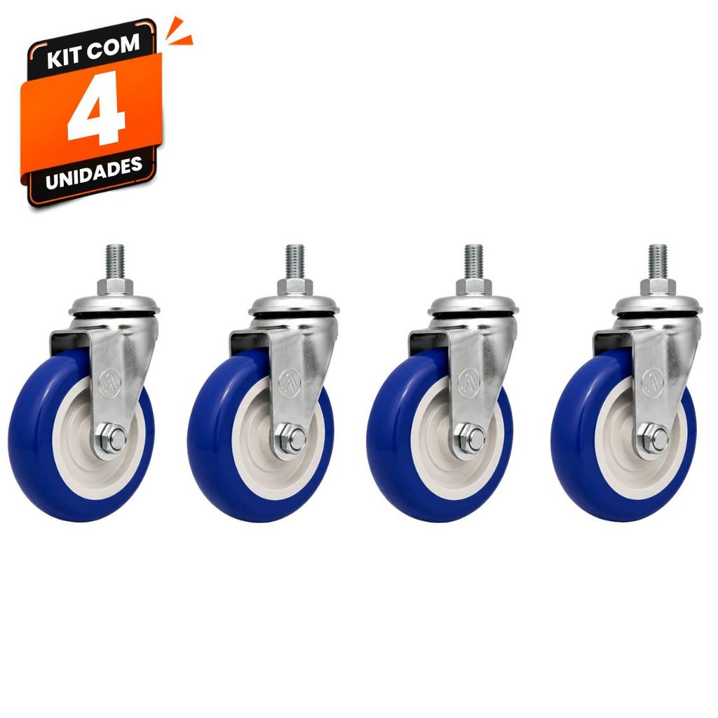 Kit 4 Rodinhas Rodas Giratórias Carrinho Supermercado Mercado Ajax Rosca 3" PVC Azul 80kg Alta Resistência para Comércio