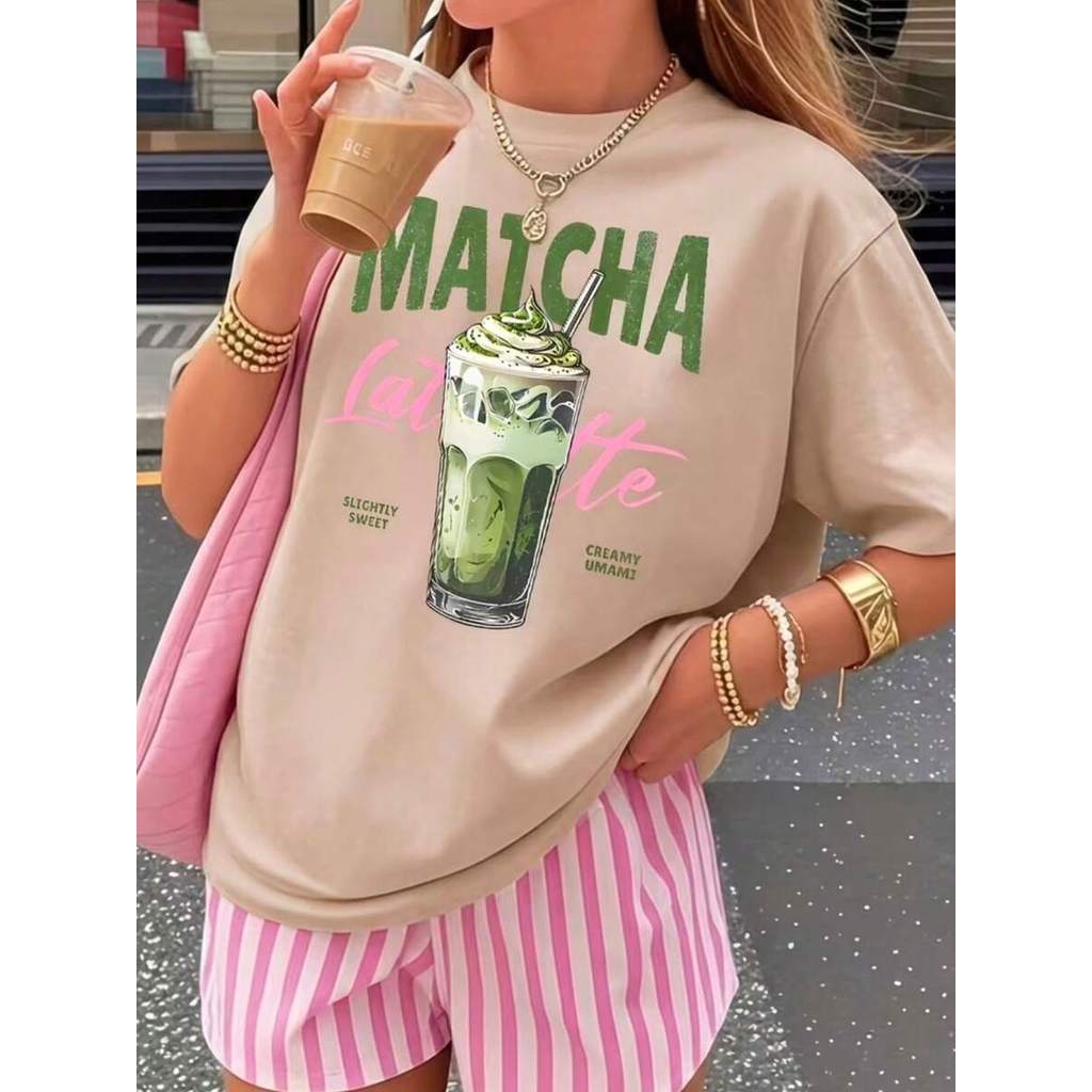 Camisa t-shirt feminina estampada Matcha blusa estilosa 100% algodão moda verão tecido leve confortável