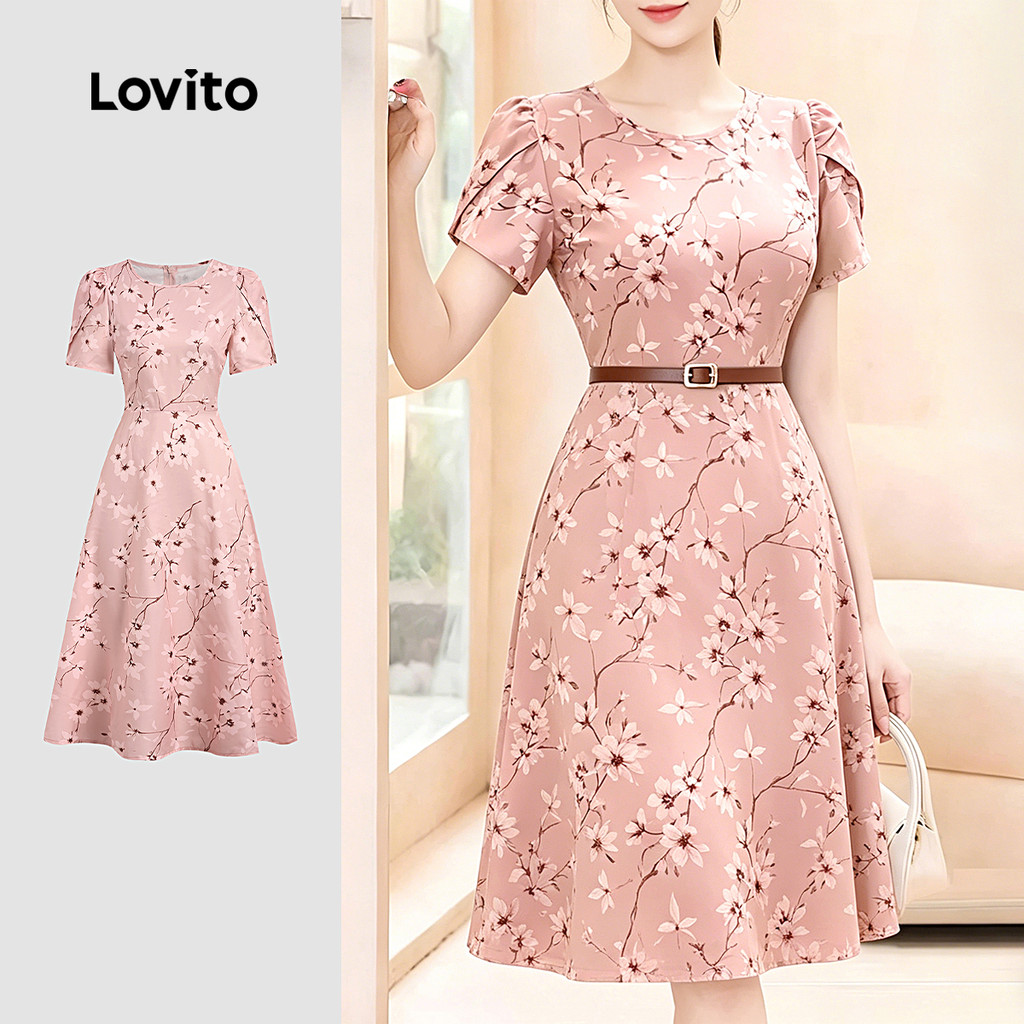 Lovito Vestido Elegante com Estrutura de Linhas e Flores Rosa para mulheres L195AD284
