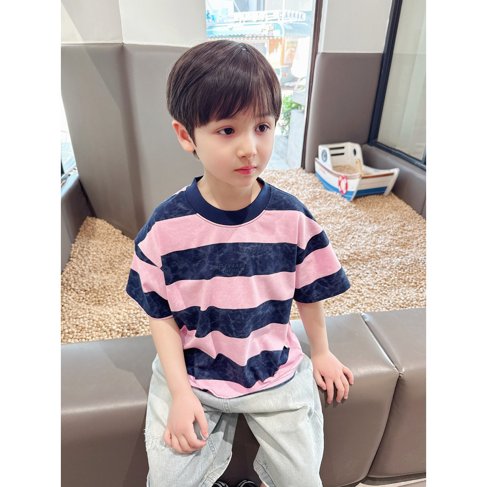 Estilo ocidental Tie-Dye ~ meninos listrado manga curta camiseta verão novo estilo roupas infantis crianças soltas