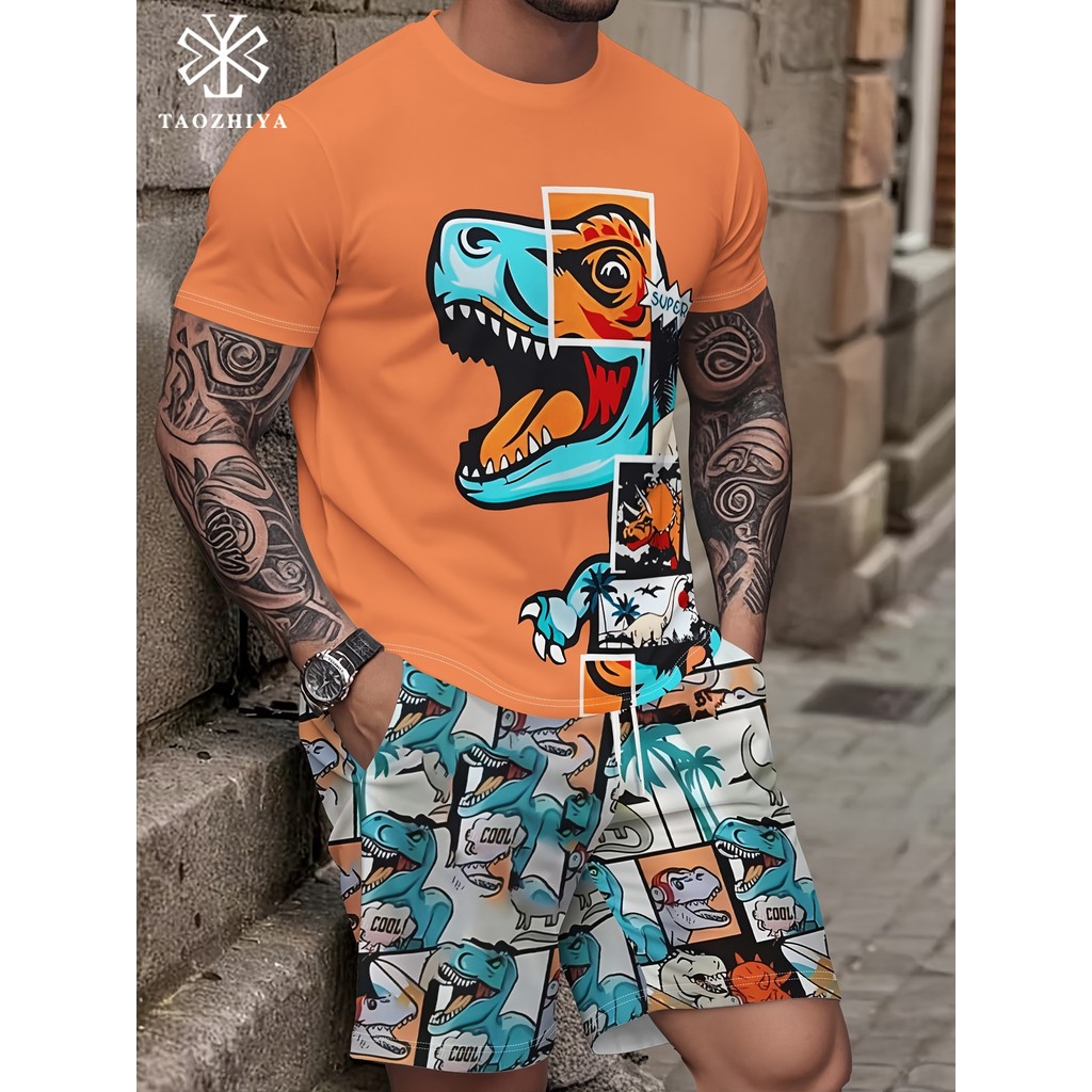 Camiseta masculina shorts conjunto masculino dos desenhos animados dinossauro Graffiti impressão em torno do pescoço cam