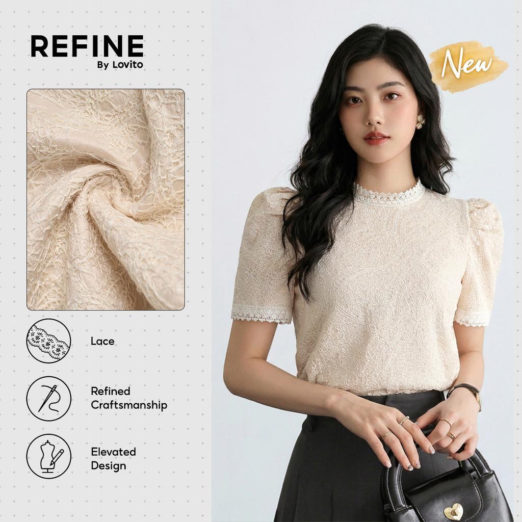 (New Arrival) (Refine by Lovito) Blusa Feminina De Trabalho Com Manga Curta Gola Redonda Babado Renda E Pregas Damasco BLR43P1D004