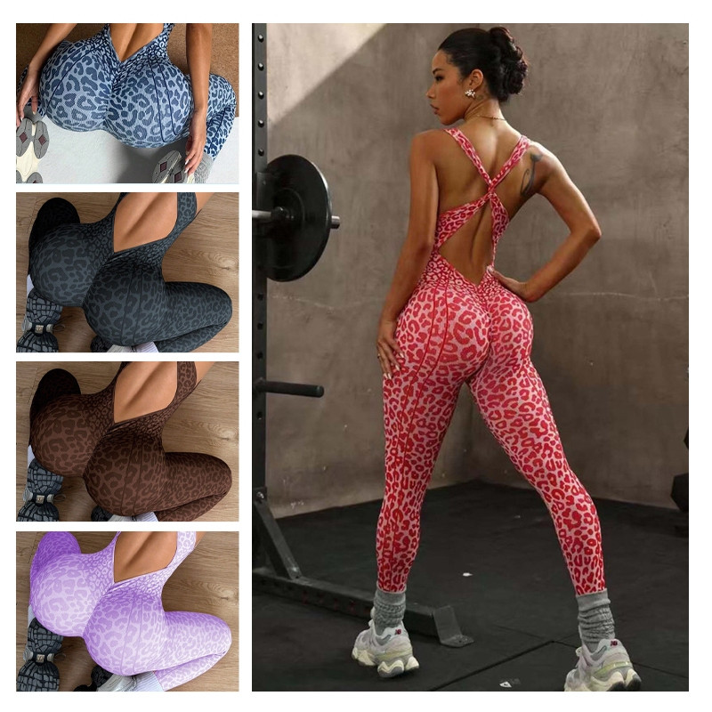 Macacão sem costura com estampa de leopardo e laço frontal para yoga e esportes de lazer.