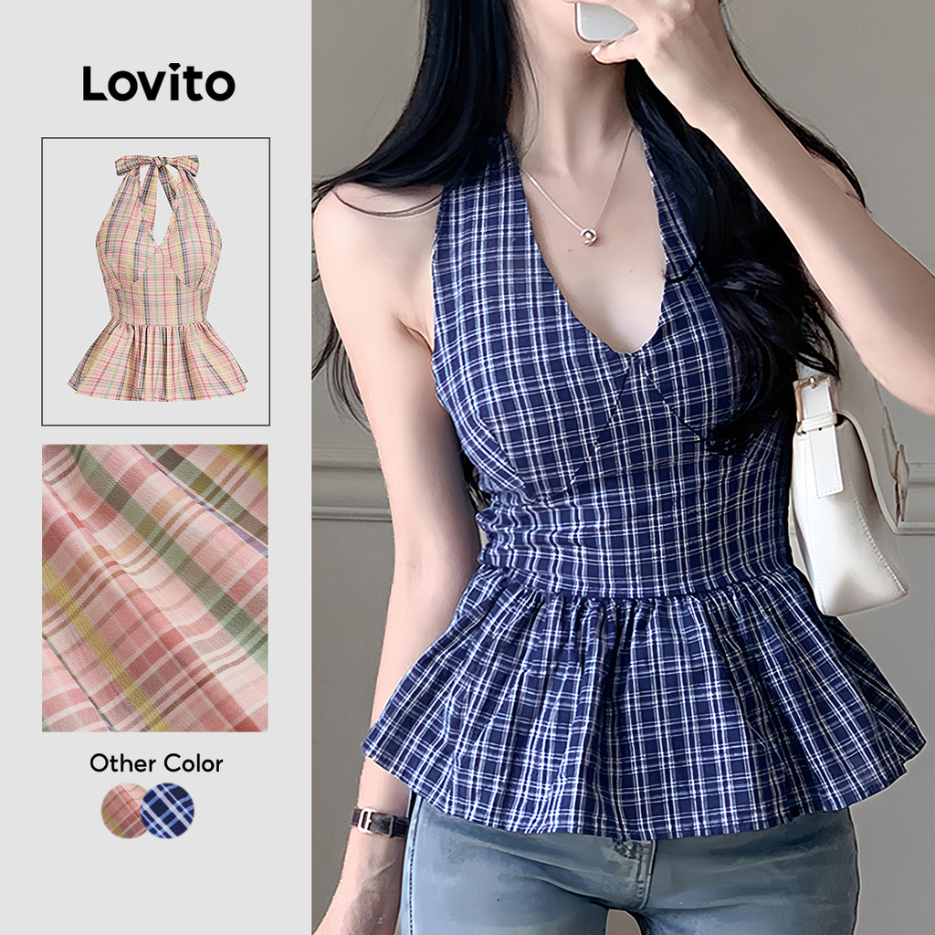 Lovito Casual Top Pattern Cold Shoulder Primavera/verão Azul Top para Mulheres L