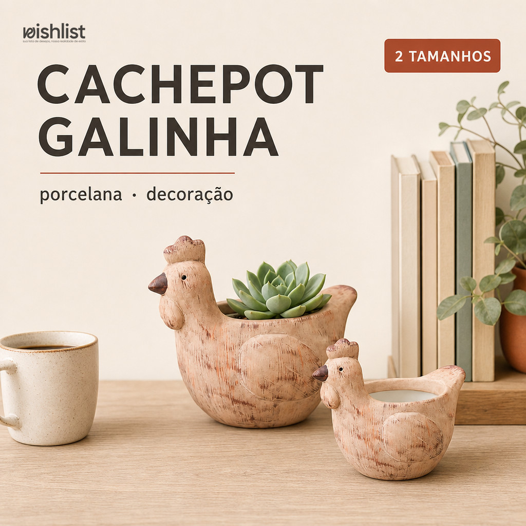 Vaso Cachepot Decorativo Galinha Porcelana Enfeite Cozinha Sala Estante Suculenta 2 Tamanhos
