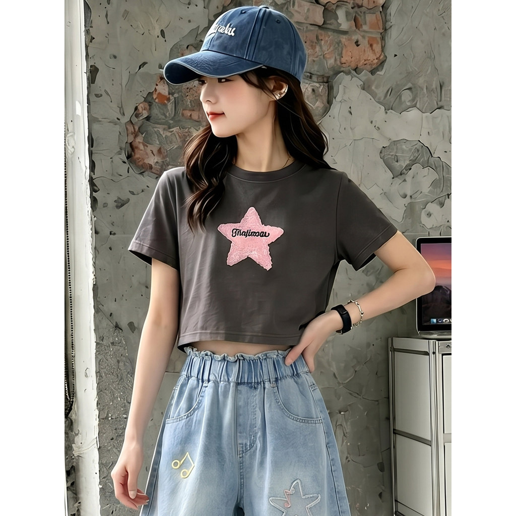Meninas camiseta curta verão 2026 novo estilo versão coreana estrela impressa camiseta crianças grandes meninas All-Matc
