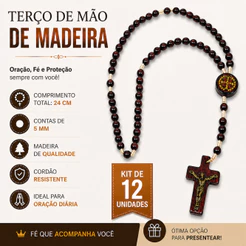 Terço de Mão Madeira São Bento - Kit 12 Unidades