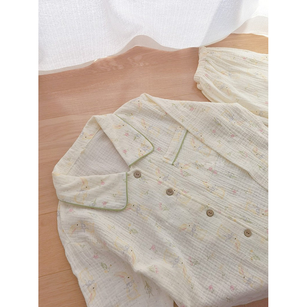 Oferta especial Pijamas femininos primavera outono puro algodão gaze calças de manga comprida urso fofo manga curta coel