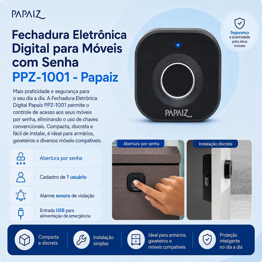 Fechadura Eletrônica Digital Biométrica Para Móveis Armários PPZ-1001 - Papaiz — imagem 2 de 2