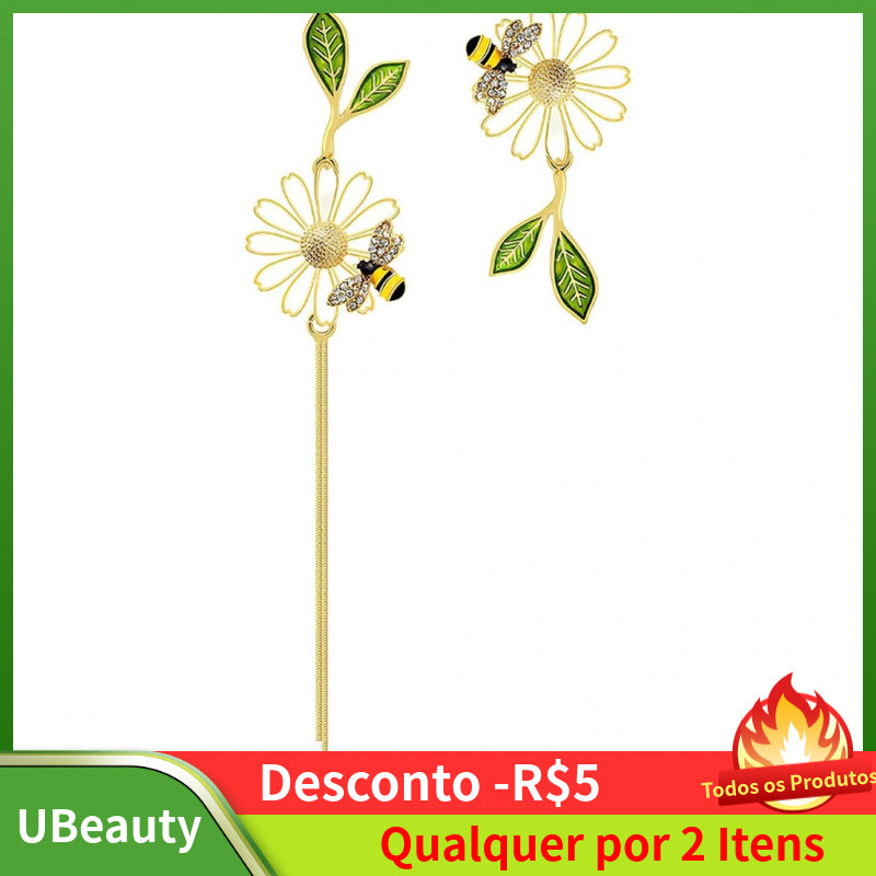 Brincos Assimétricos Dourados para Mulher, Brincos com Pingentes de Margarida e Abelha com Design de Folhas e Flores, Br
