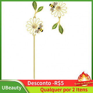Brincos Assimétricos Dourados para Mulher, Brincos com Pingentes de Margarida e Abelha com Design de Folhas e Flores, Br