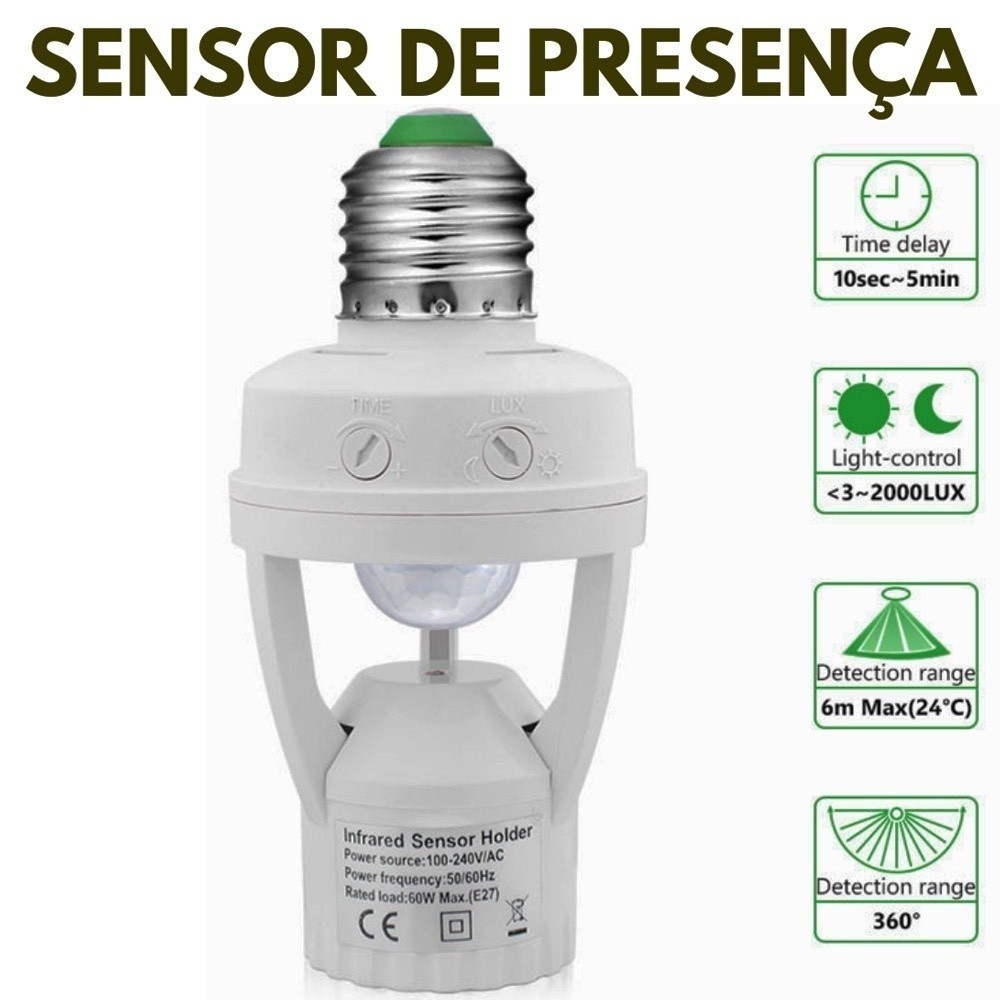 Sensor de Presença Noturno Iluminação De Segurança Bocal E27 Acendimento Automático Infravermelho