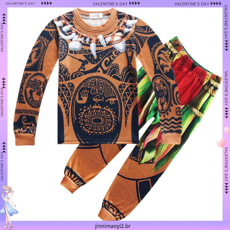 Crianças E # 39meninos Anime Dos Desenhos Animados Moana Maui Impressão Manga Longa Camiseta Calças Conjunto Roupa Natal