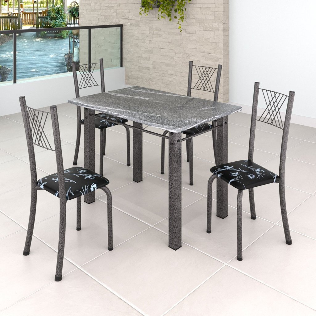 Conjunto Mesa com 4 Cadeiras Tampo de Granito Topázio Sara Yescasa Prata/Preto Floral/Martelado Preto Floral/Martelado