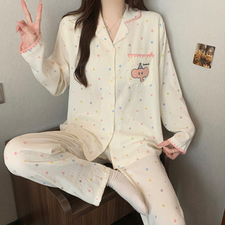 Pijama Casual Com Frente Aberta , Calça Feminina De Manga Comprida , Roupa De Dormir Fofa De Desenho Animado Para Casa