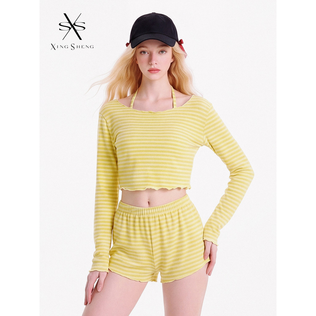 T tailândia listrado protetor solar blusa feminina verão preguiçoso ombro inclinado manga comprida Split maiô feminino B
