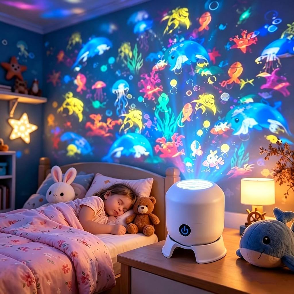 Projetor de Luz Noturna com Temas Dinâmicos de Ajuda para o Sono (Oceano), Múltiplos Níveis de Brilho e Regulagem de Int