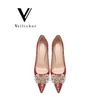 2026 novo estilo vermelho lantejoulas strass Stiletto boca rasa apontou Toe sapatos de casamento feminino sapatos de noi