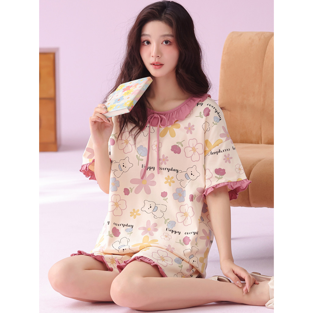 Kazhilian pijamas femininos verão Shorts de manga curta puro algodão fino bonito rosa leite fufu Homewear pode usar fora
