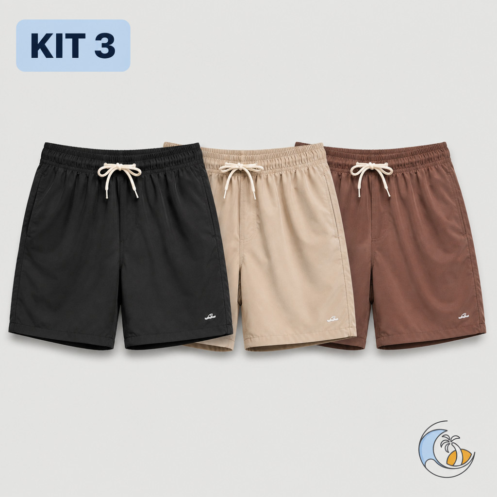 Kit 3 Short Masculino Mauricinho Tactel Elastano Bermuda com Bolsos Praia Corrida Academia Dia a Dia