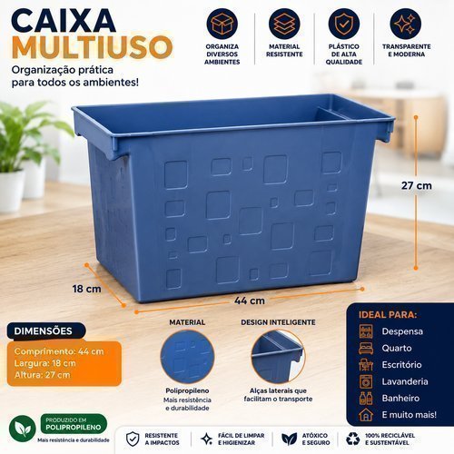 Caixa Organizadora Multiuso Plastico 21 Litros Azul Armazenamento Resistente Organizador Casa Escritório