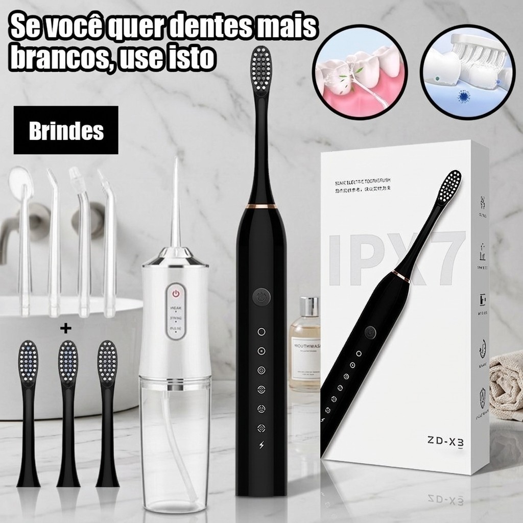 Escova Dental Sônica Recarregável USB e Irrigador Bucal Portátil Compacto