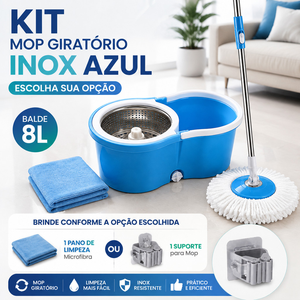 Kit Mop Giratório com Inox Balde  Azul | Limpeza e Espremedor Automático com Refil Incluso