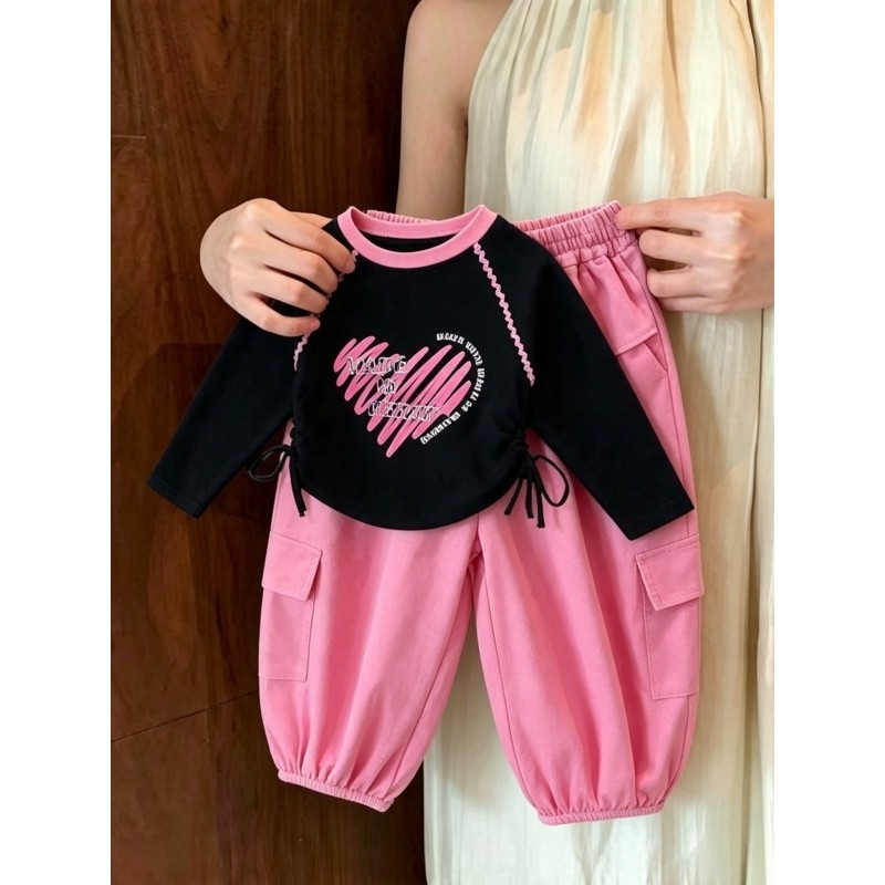Meninas outono moda Casual terno 2026 novo estilo moda bebê amor impressão macacão de manga comprida terno de duas peças