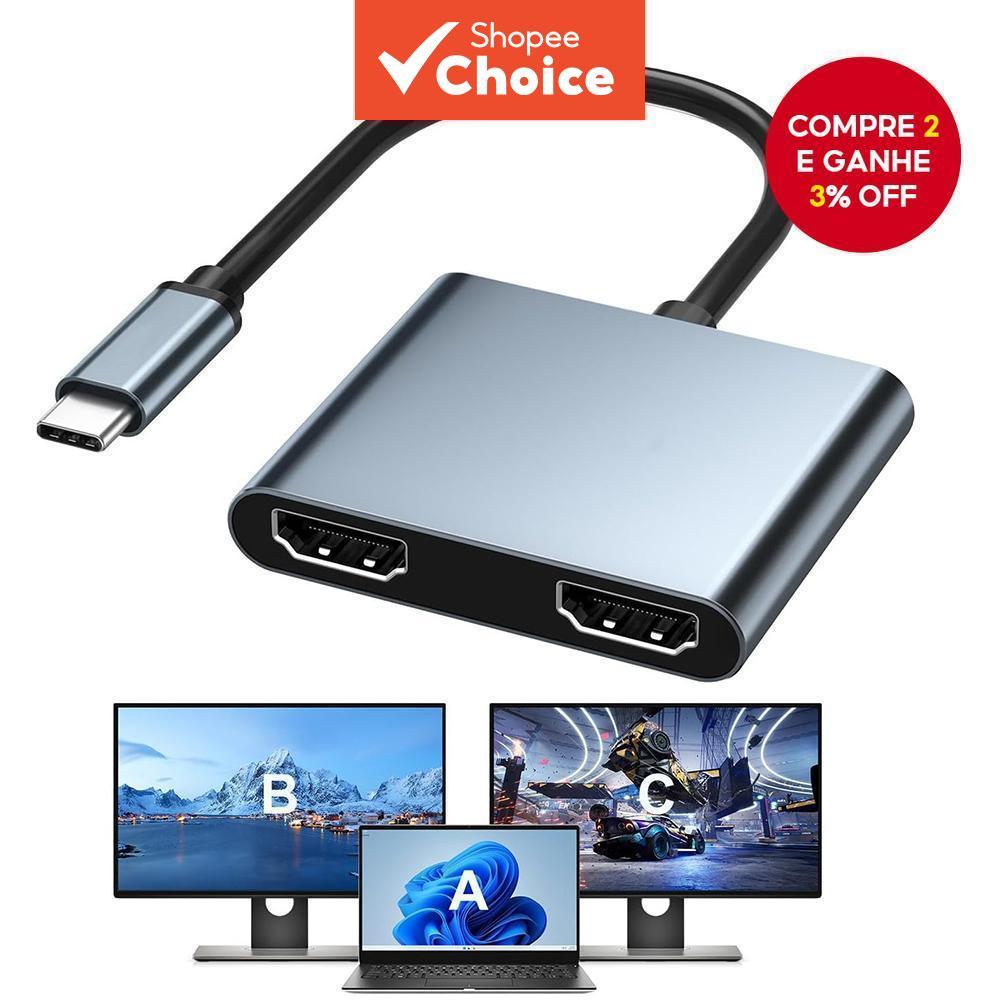  Adaptador USB-C para Dual 4K HDMI, Conversor Tipo-C para HDMI, Extensão de Tela para Thunderbolt 3/4, HP, Laptop Lenovo
