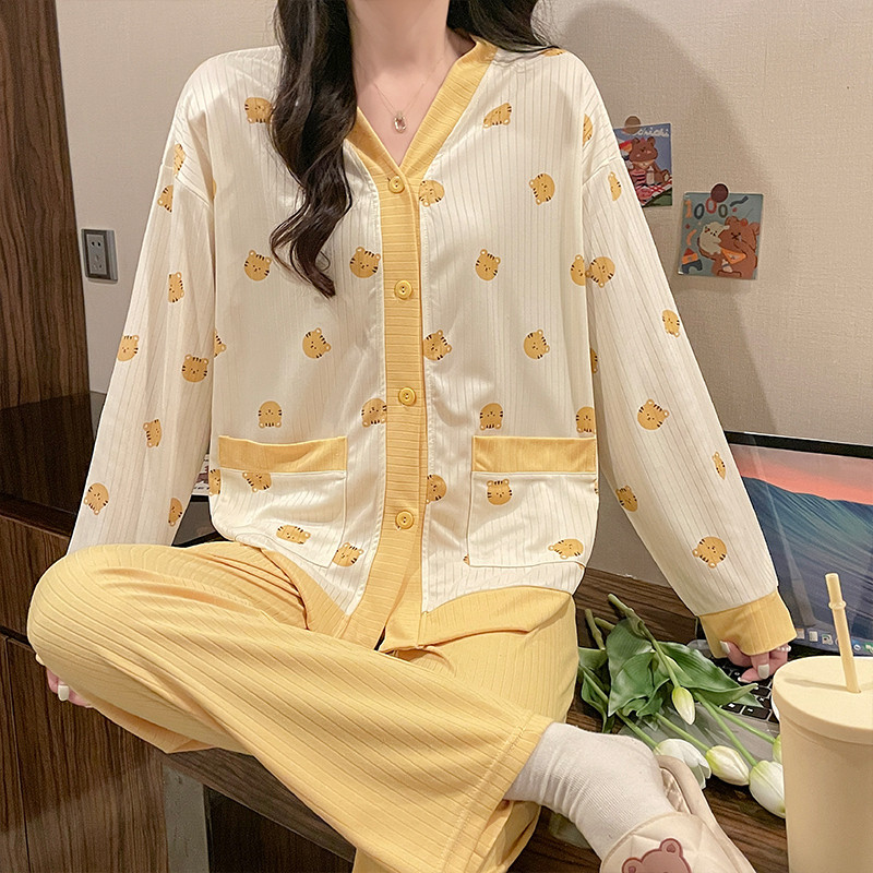 100% algodão pijamas femininos verão manga comprida estilo solto tamanho grande algodão primavera outono estudante Homew