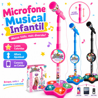 Brinquedo Microfone Infantil Karaokê Pedestal Ajustável com Luzes Coloridas Conexão Celular MP3 Rosa Azul