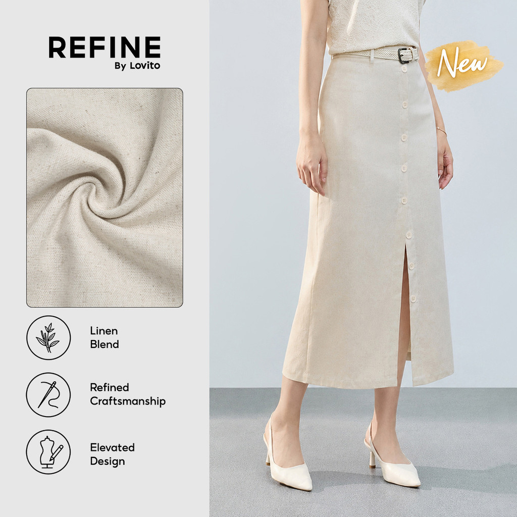 (New Arrival) (Refine by Lovito) Saia Feminina De Linho Off White Reta Longa Frente Com Botões Fenda Trabalho E Commute SKR43P1D115
