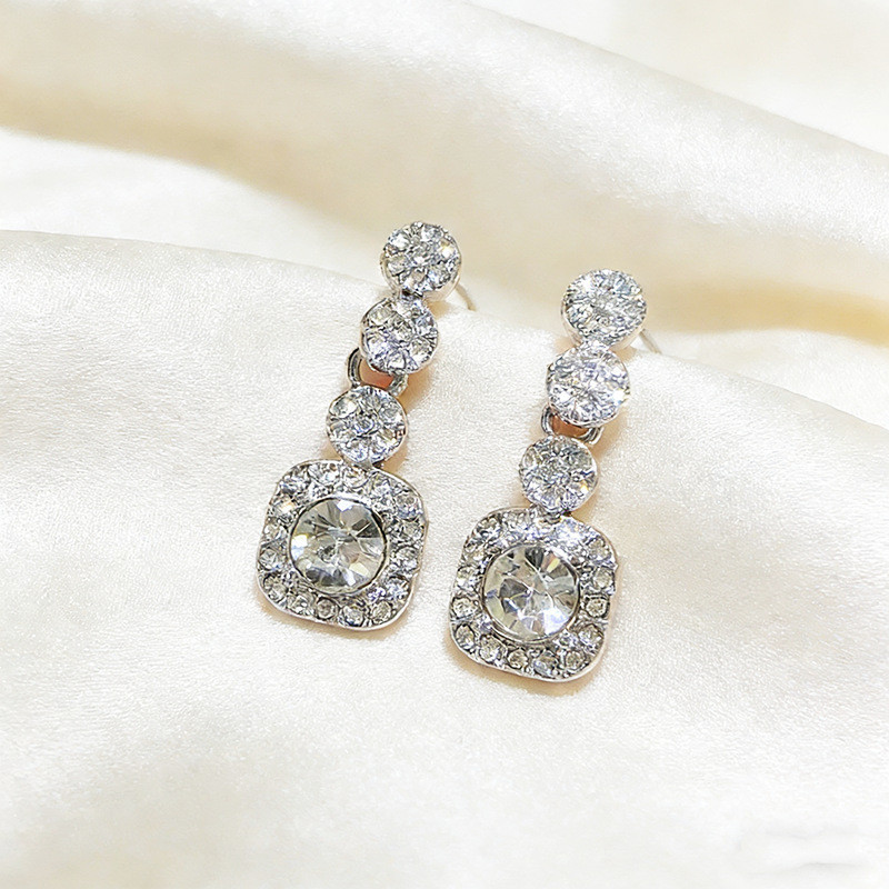 Brincos de borla de diamante Super brilhantes, moldura quadrada de strass, brincos pendurados, brincos longos de prata p