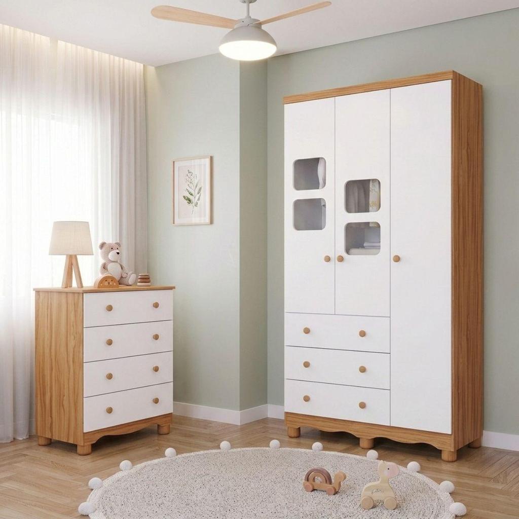 Quarto de Bebê Completo Gaveteiro 4 Gavetas Guarda Roupa 3 Portas Uli 100% MDF