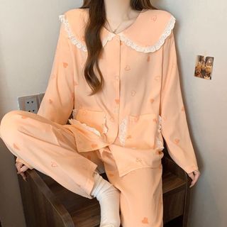 Japonês doce amor pijamas feminino outono inverno calças de manga comprida bonito gola boneca estilo princesa Loungewear