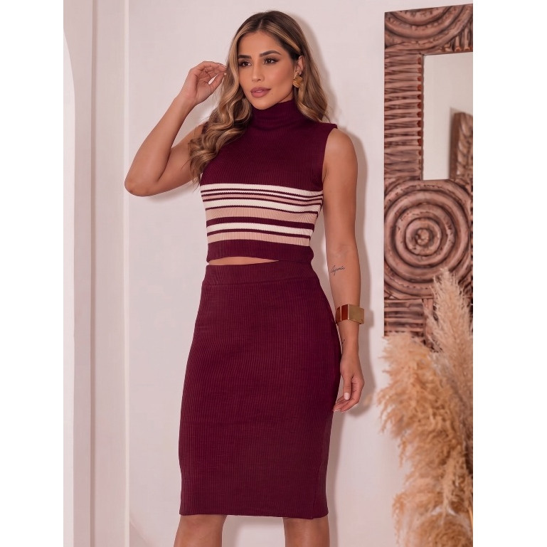 Conjunto Feminino Tricot Canelado Cropped e Saia Midi Feminino Moderno Elegante