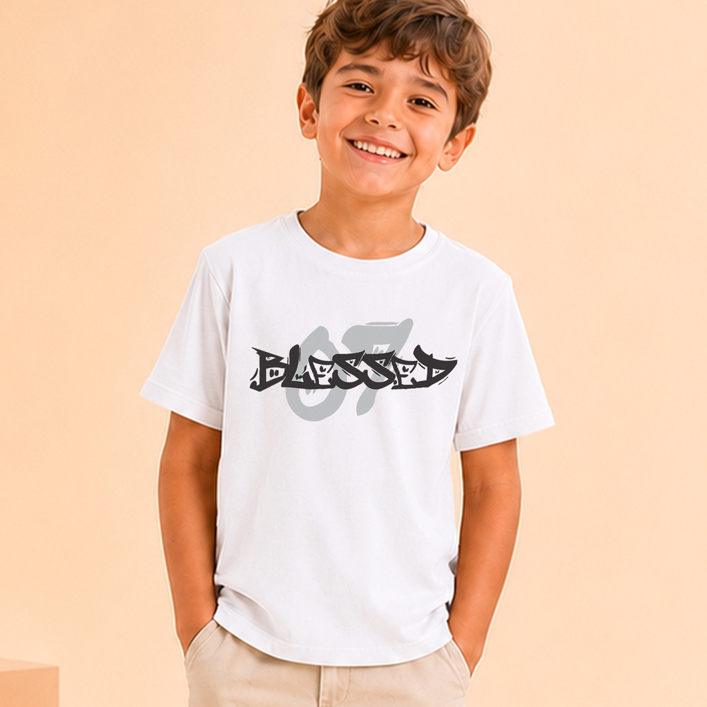 Camiseta Infantil Masculina Branca Blessed 100% Algodão Estampa Streetwear Tamanhos 2 ao 12