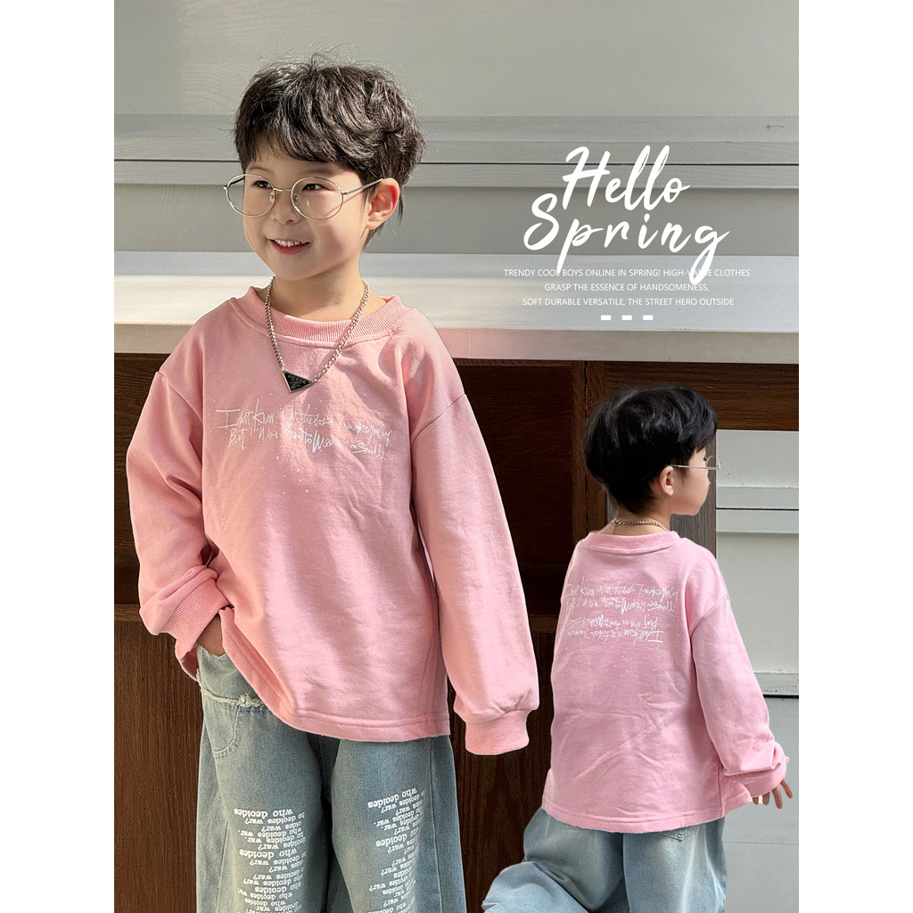 Meninos primavera rosa camiseta versão coreana moda crianças camisa de fundo primavera em torno do pescoço de manga comp