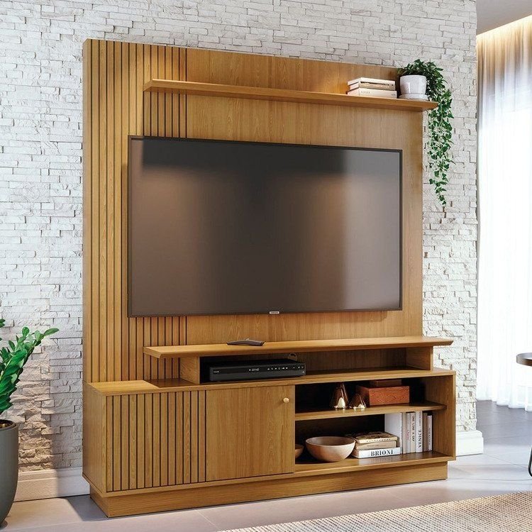 Estante para TV e Home Theater Ripado até 65 Polegadas 160cm x 183,5 cm 1 Porta Ares Marrom Bege Cumaru