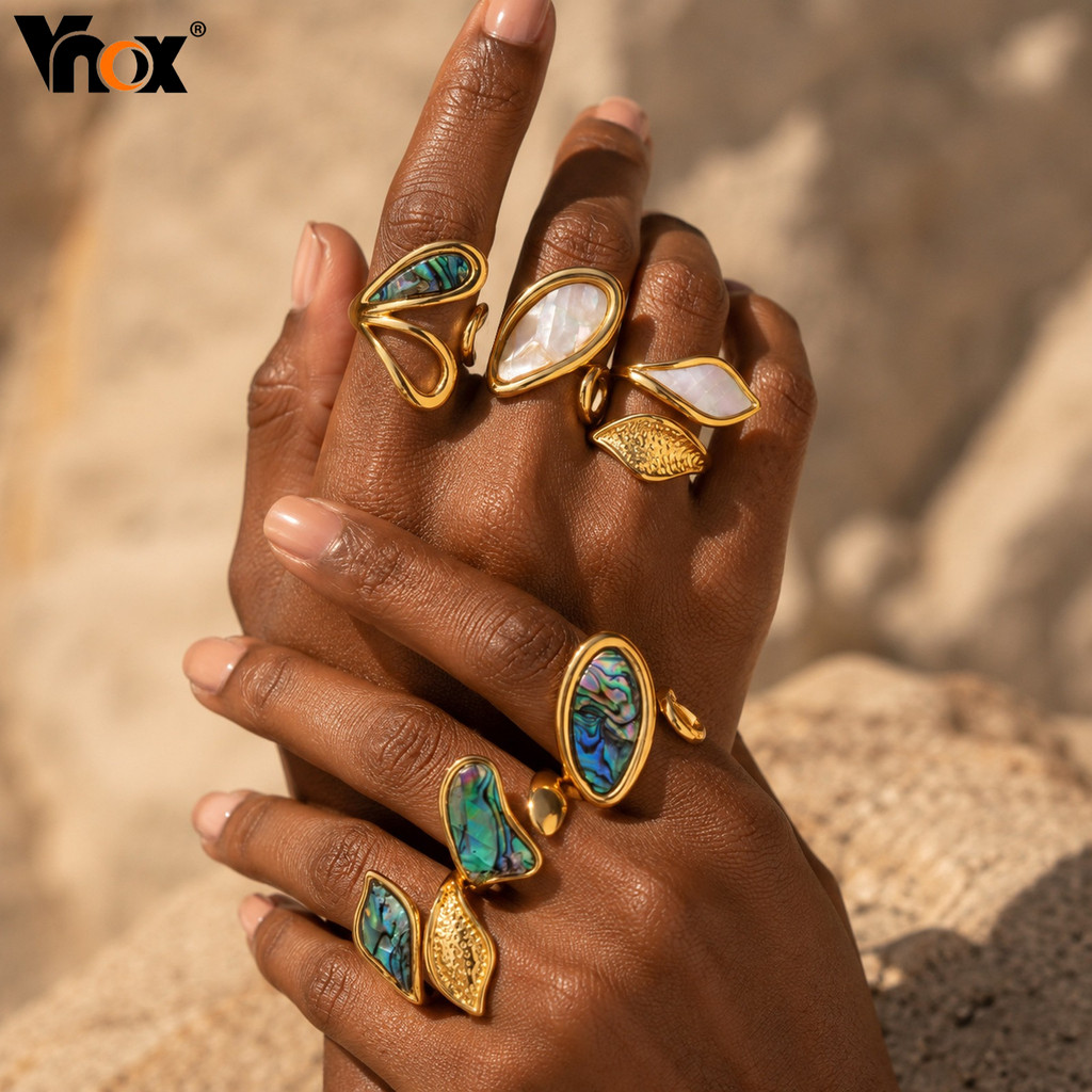 Anel Aberto De Concha De Abalone De Aço Inoxidável Vnox Para Mulheres , De Dedo Natural Irregular Dourado Presente De Jo