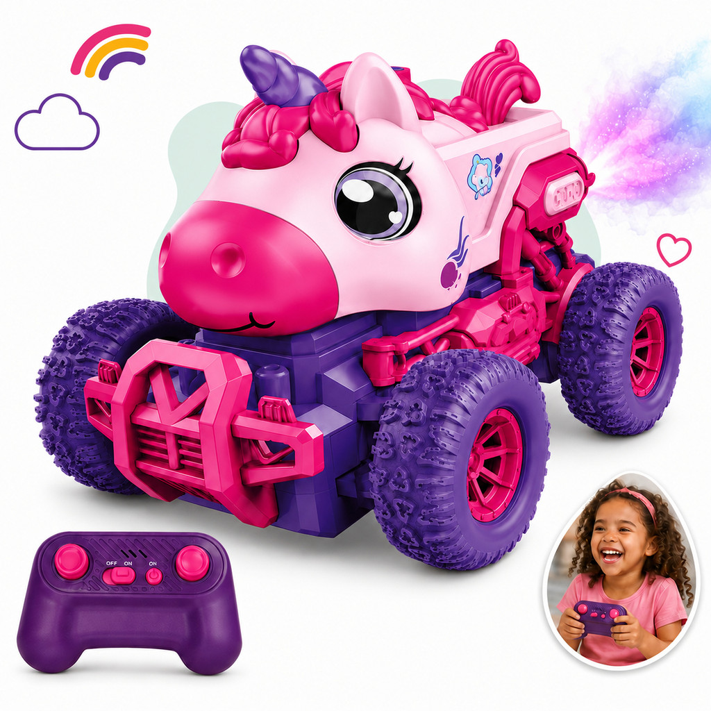 Carrinho Controle Remoto Unicórnio Solta Fumaça Luzes Coloridas Divertido Bateria Recarregável USB Infantil Kizumba