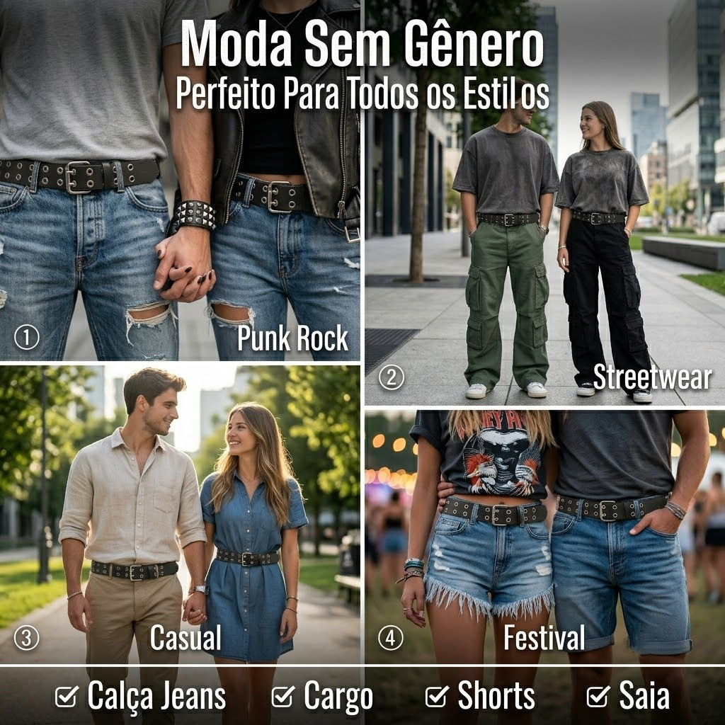 Cinto Punk Rock Unissex Dupla Fivela com Rebites Ajustável Estilo Streetwear Preto — imagem 2 de 2
