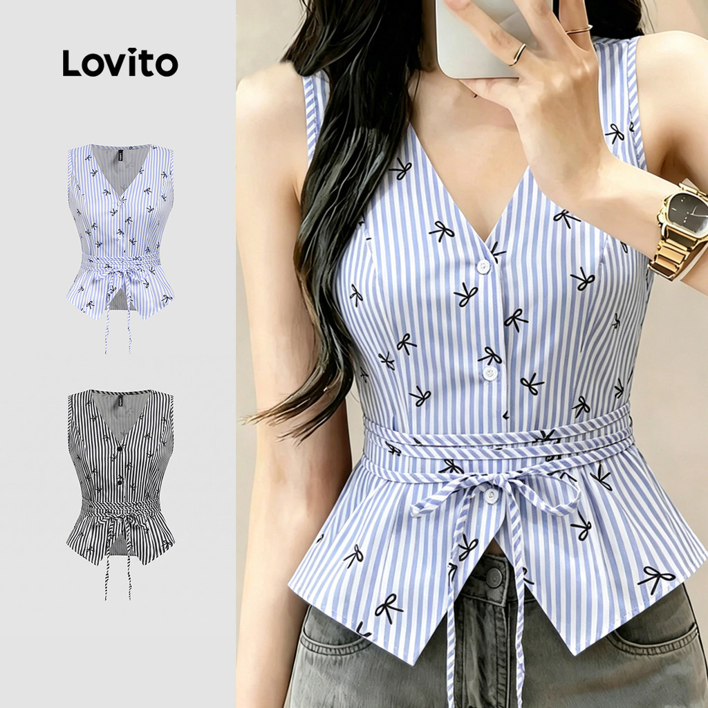 Lovito Boho Top Botão Top Azul Primavera/verão para Mulheres L183ED1076