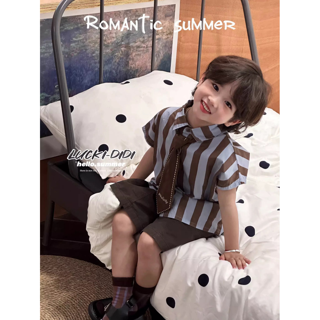 LUCKI crianças roupas infantis coreanas 2026 verão meninos médio pequeno crianças dos desenhos animados camisa listrada 