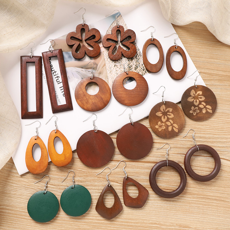 Merad outono inverno Retro brincos de madeira nicho Design exagerado brincos de férias novo estilo étnico chinês brincos