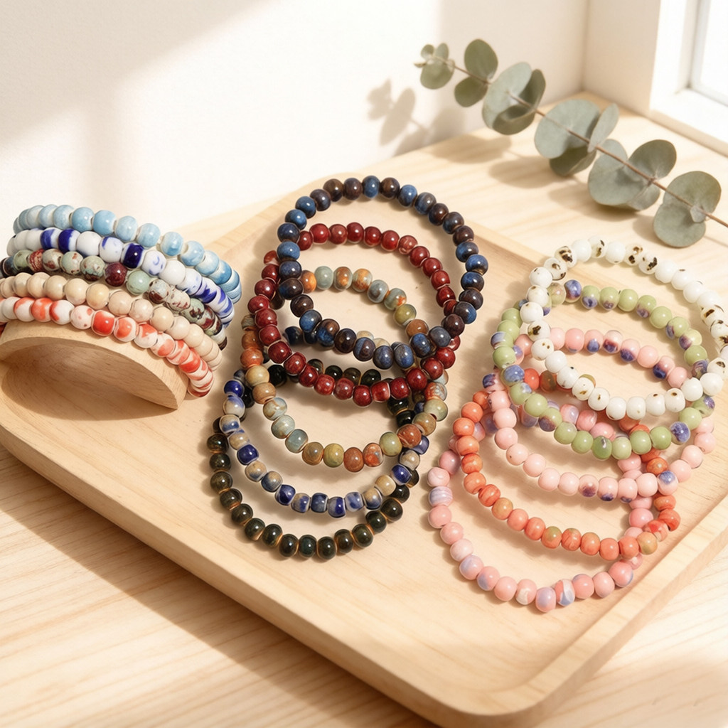 Pulseira de contas de cerâmica de 6MM, estilo chinês, feita à mão, para homens e mulheres, pulseira elástica de contas, 