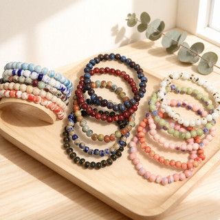 Pulseira de contas de cerâmica de 6MM, estilo chinês, feita à mão, para homens e mulheres, pulseira elástica de contas, 